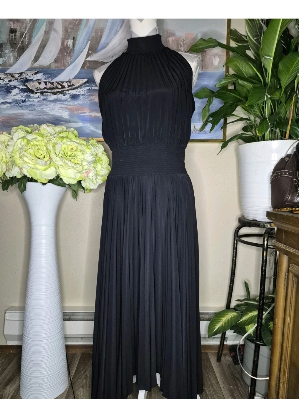 A.L.C. Black Halter Pleated Maxi Dress